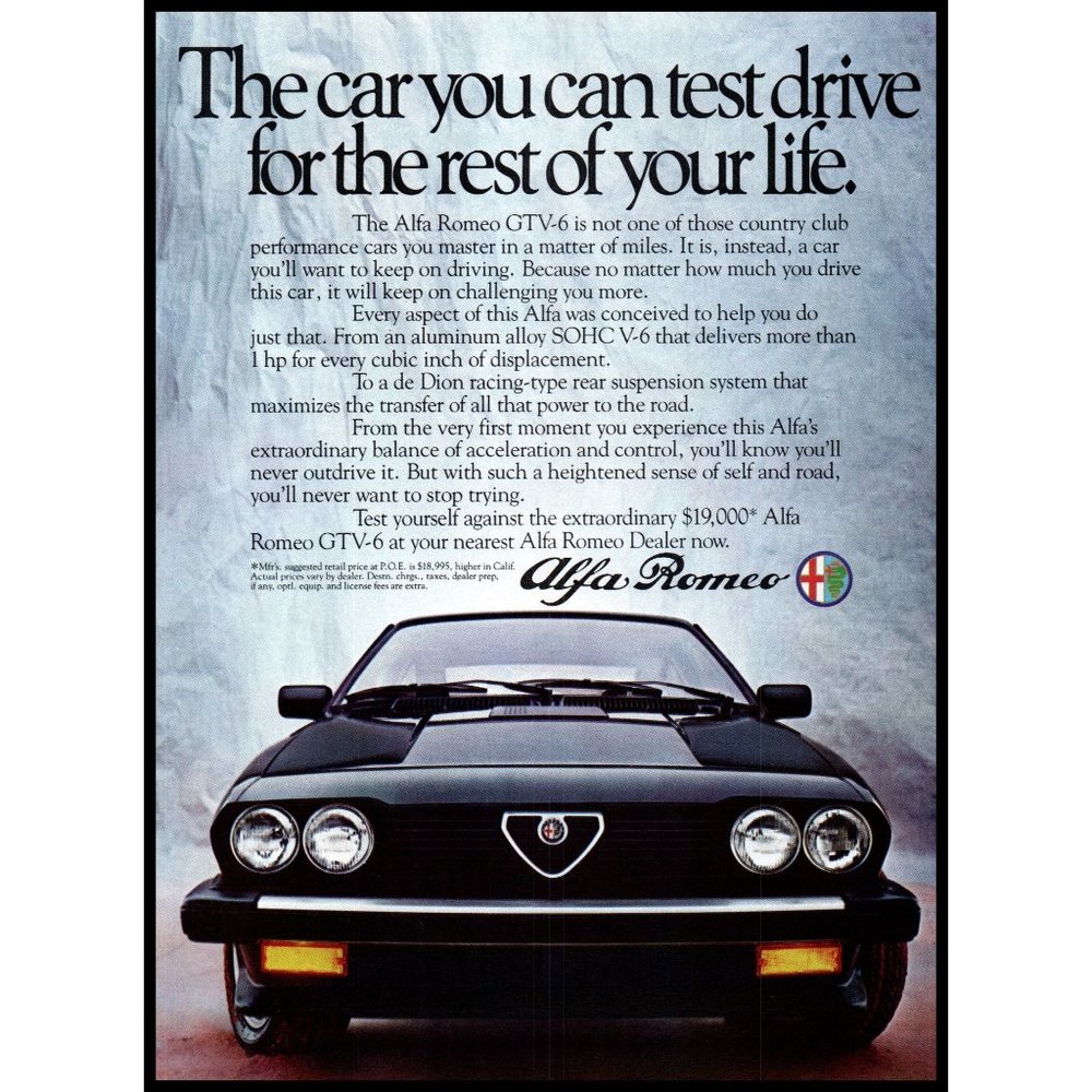1984 Alfa Romeo GTV-6 Italian Sports Car Vintage Print Ad Gril Italy Wall Art